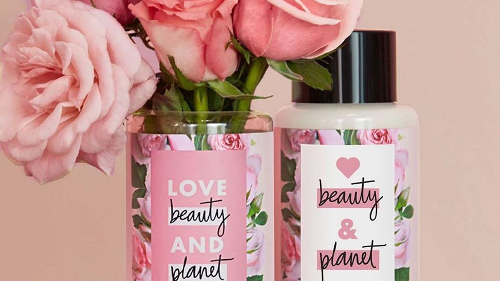 Pink Love Beauty and Planet bottles and pink roses
