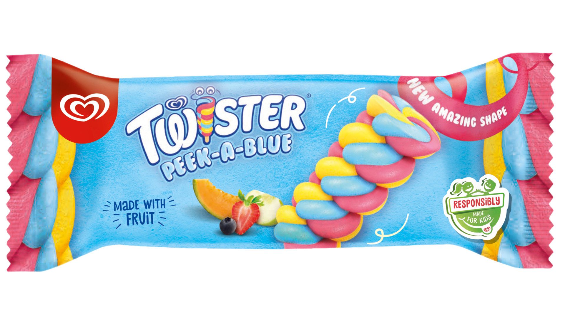 Twister Peek-a-Blue pack photographed horizontally, showing the new ice cream’s fun shape and colour combination