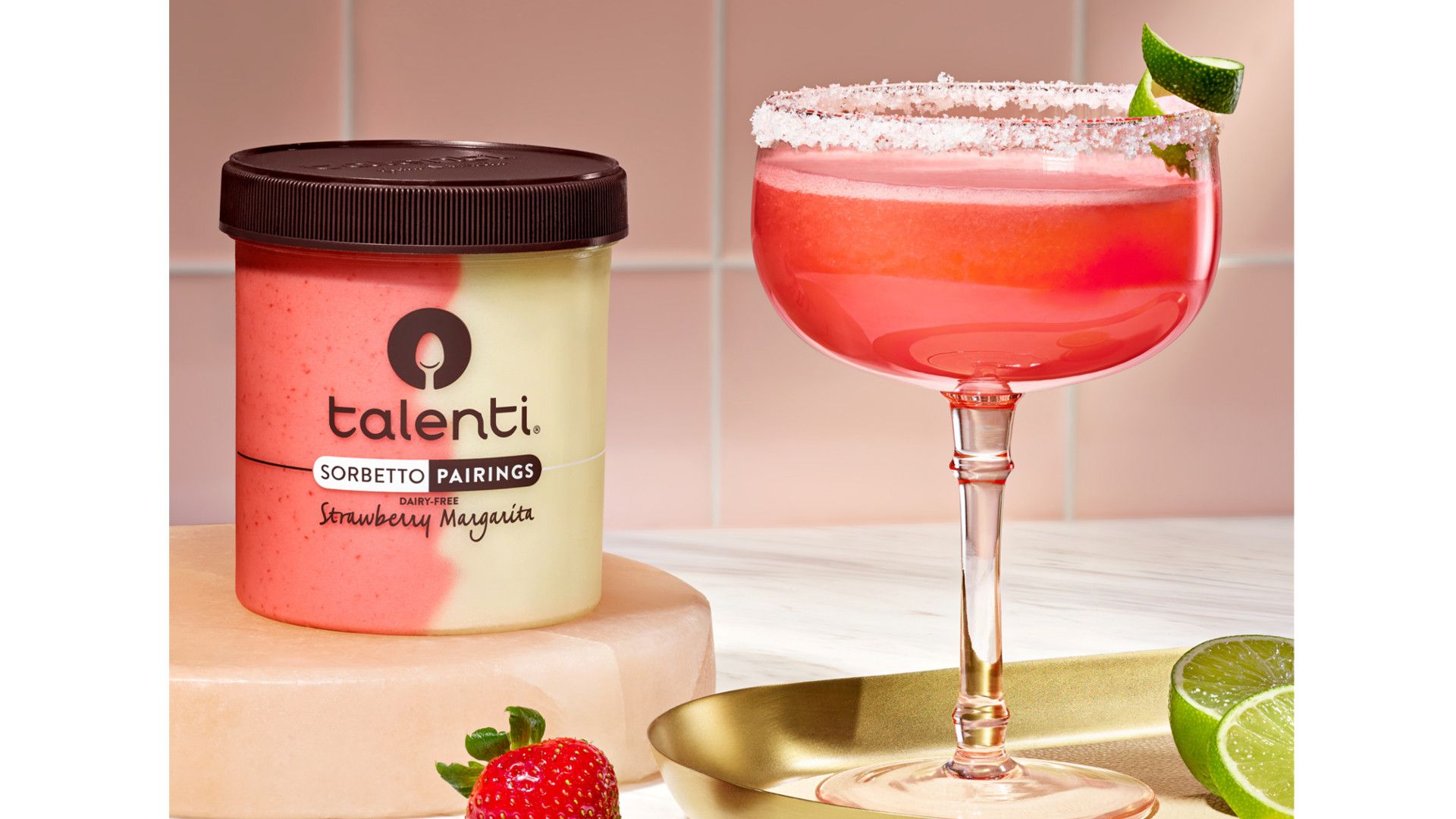 Tub of Talenti Pairings’ Strawberry Margarita sitting beside a strawberry margarita cocktail in a coupe glass  