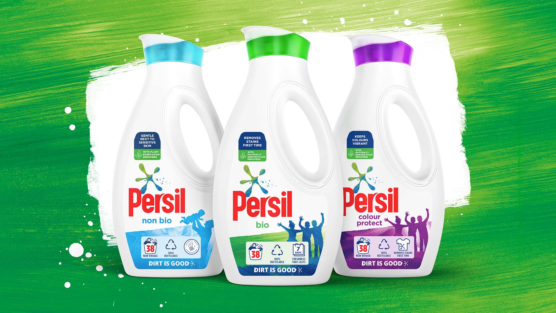 Three Persil bottles made from recycled plastic. We use PCR for our OMO, Persil, Skip and Surf Excel brands in all regions.