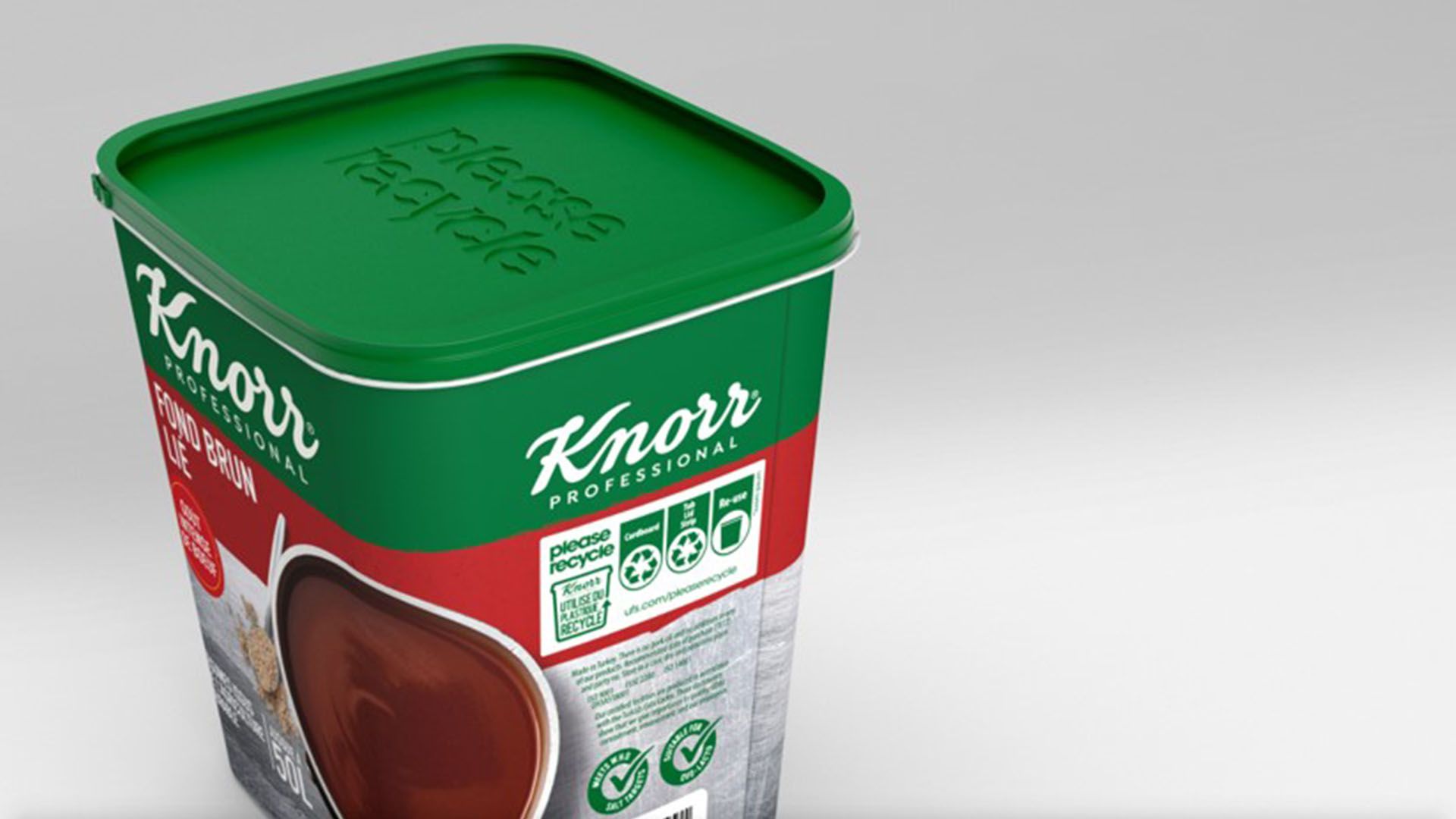 A Knorr Professional bouillon powder container made from recycled plastic. We aim to produce a million of these containers.