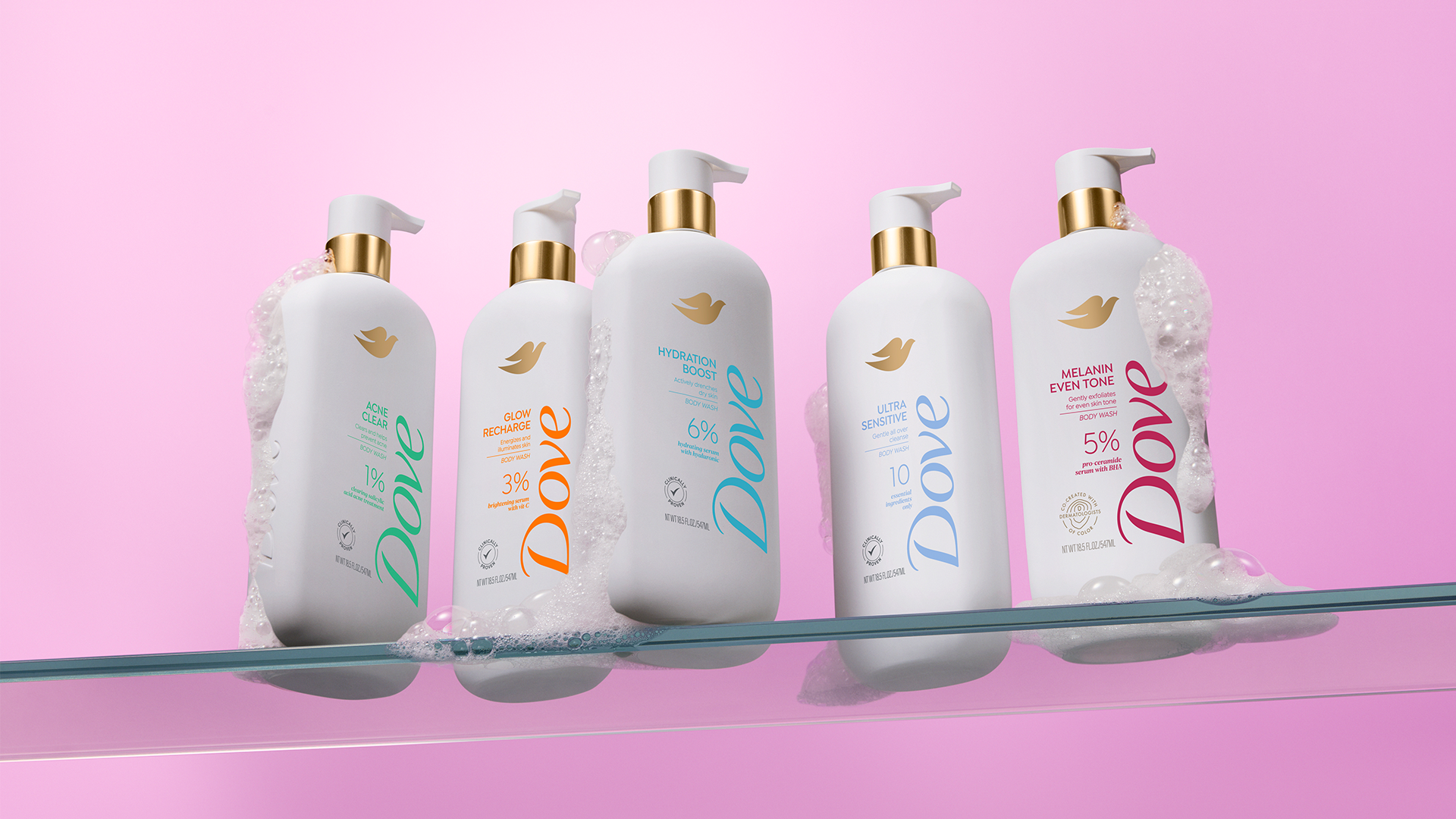 Dove bottles on a shelf