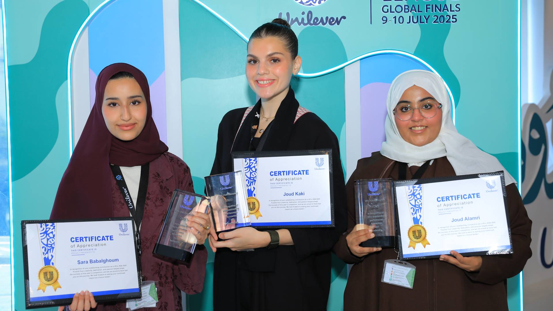 UFLL Saudi Arabia winners, Joud Kaki, Sara Babalghoum, and Joud Alamri