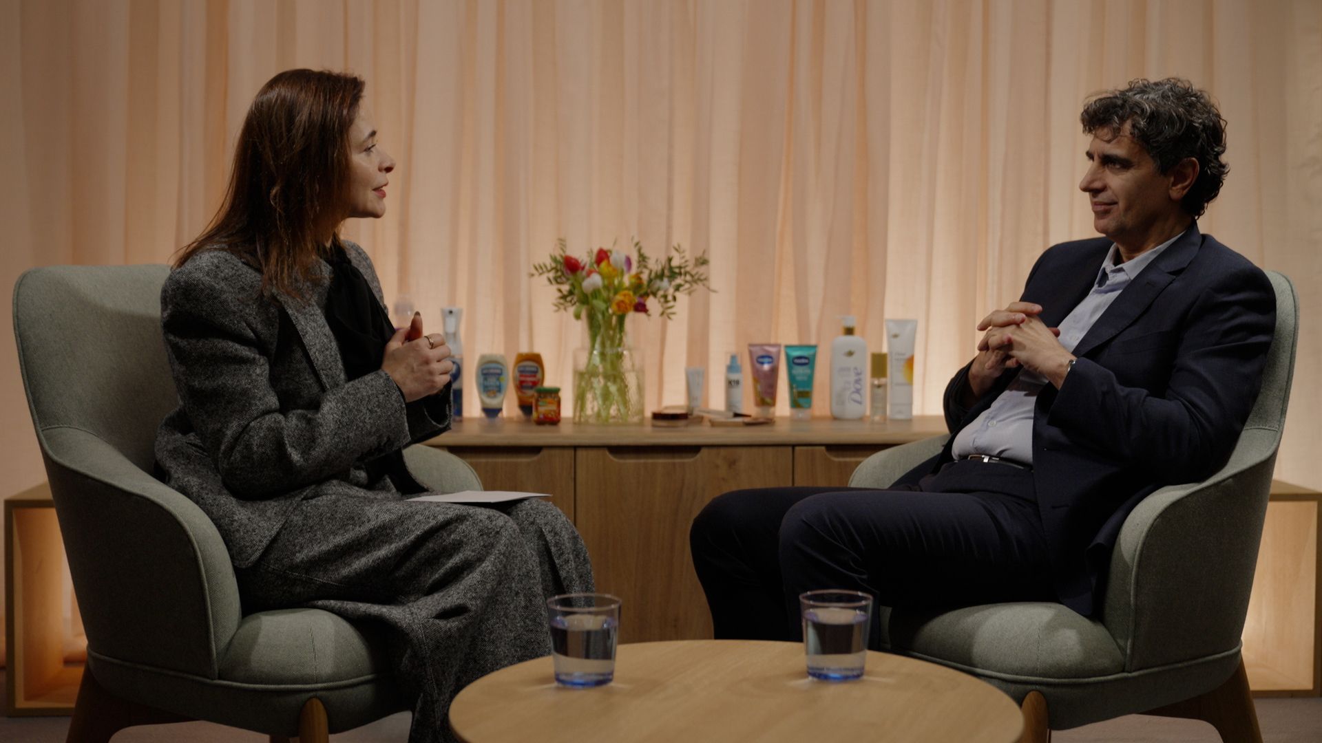 Unilever CEO Fernando Fernandez being interviewed by Celine Pannuti, JP Morgan’s Head of Consumer Staples