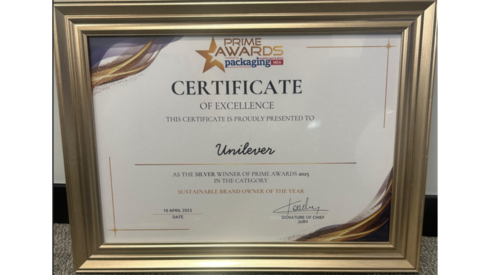 The certificate of sustainability award