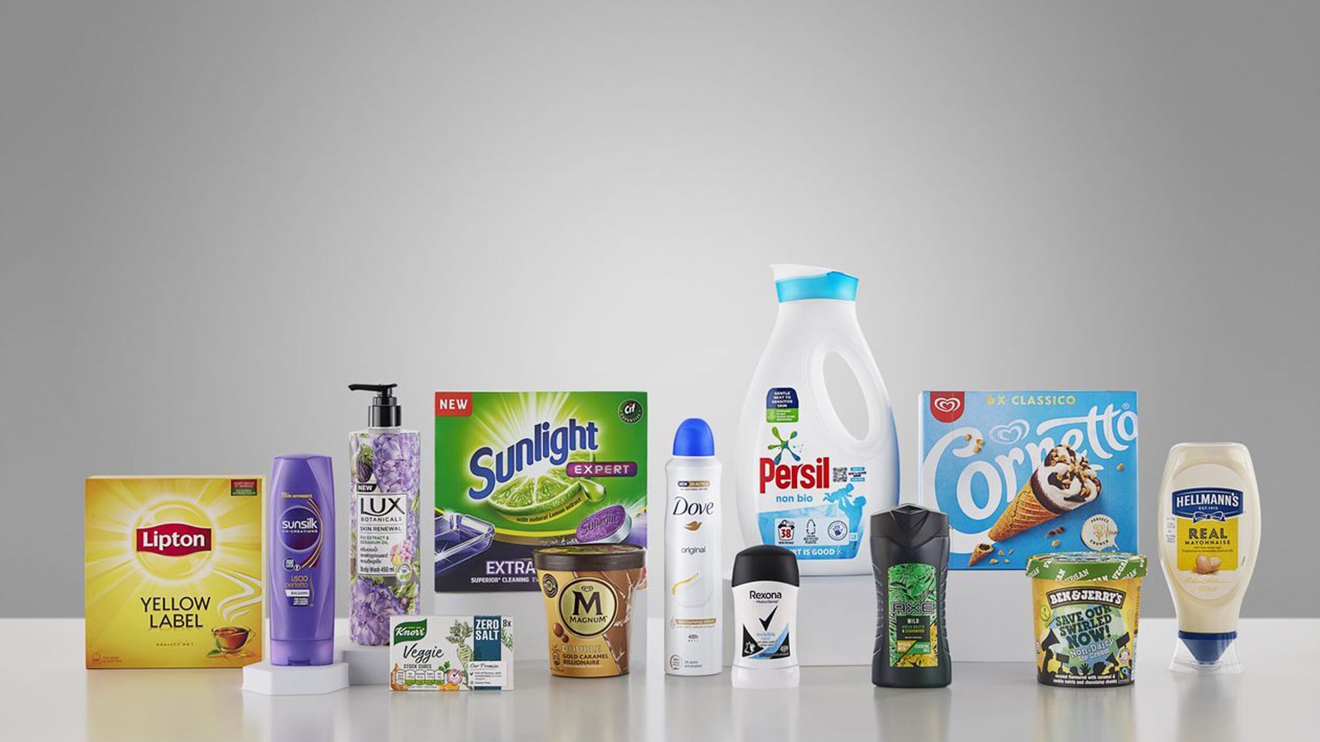 A line-up of Unilever’s billion-euro brands, including Dove, Magnum, Hellmann’s, Knorr, Rexona and more.