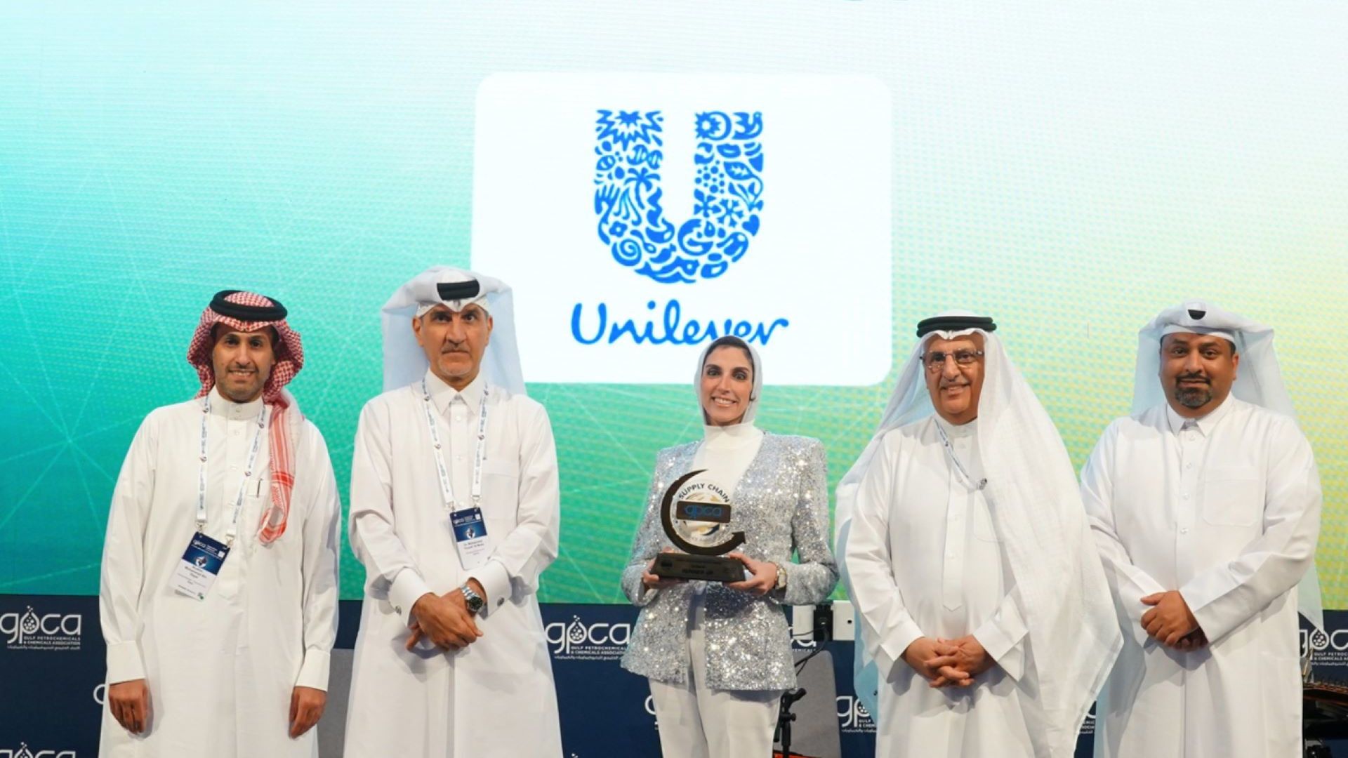 Laila Elsawaf, manager of Dubai Personal Care factory receiving the award.