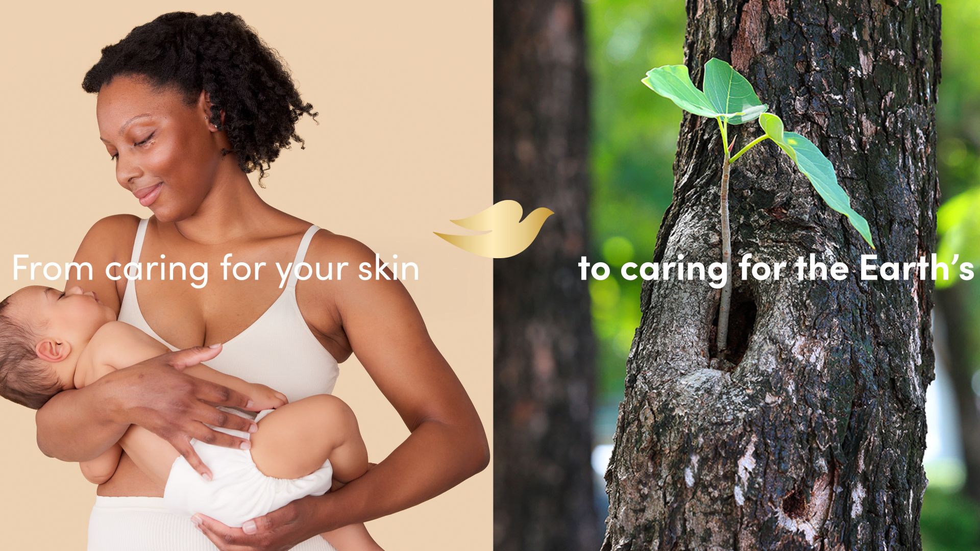 A mother cradles her baby. Next to her is an image of a green shoot growing from a tree. 