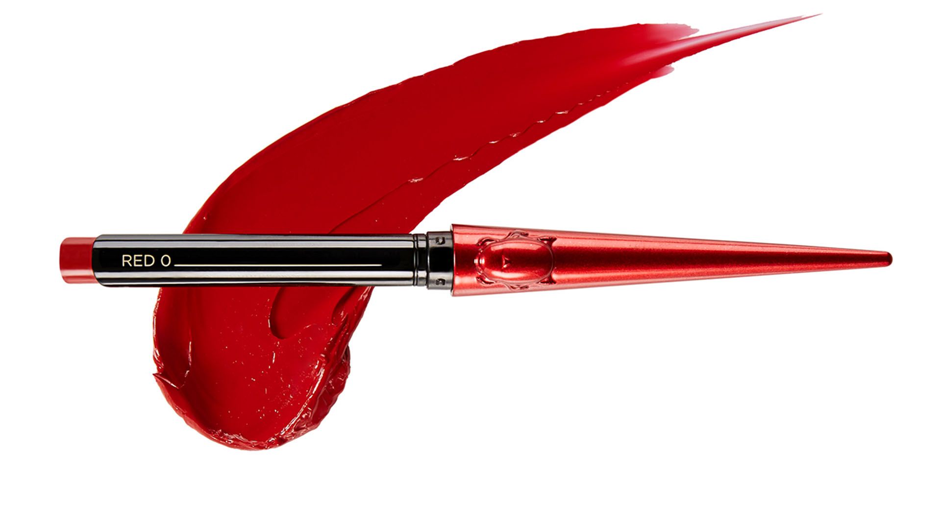 A photo of Hourglass Red 0 lipstick which contains 100% vegan red pigments and zero carmine.