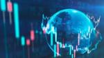 Image of computer screen showing financial market figures with a reflection of the earth in the background