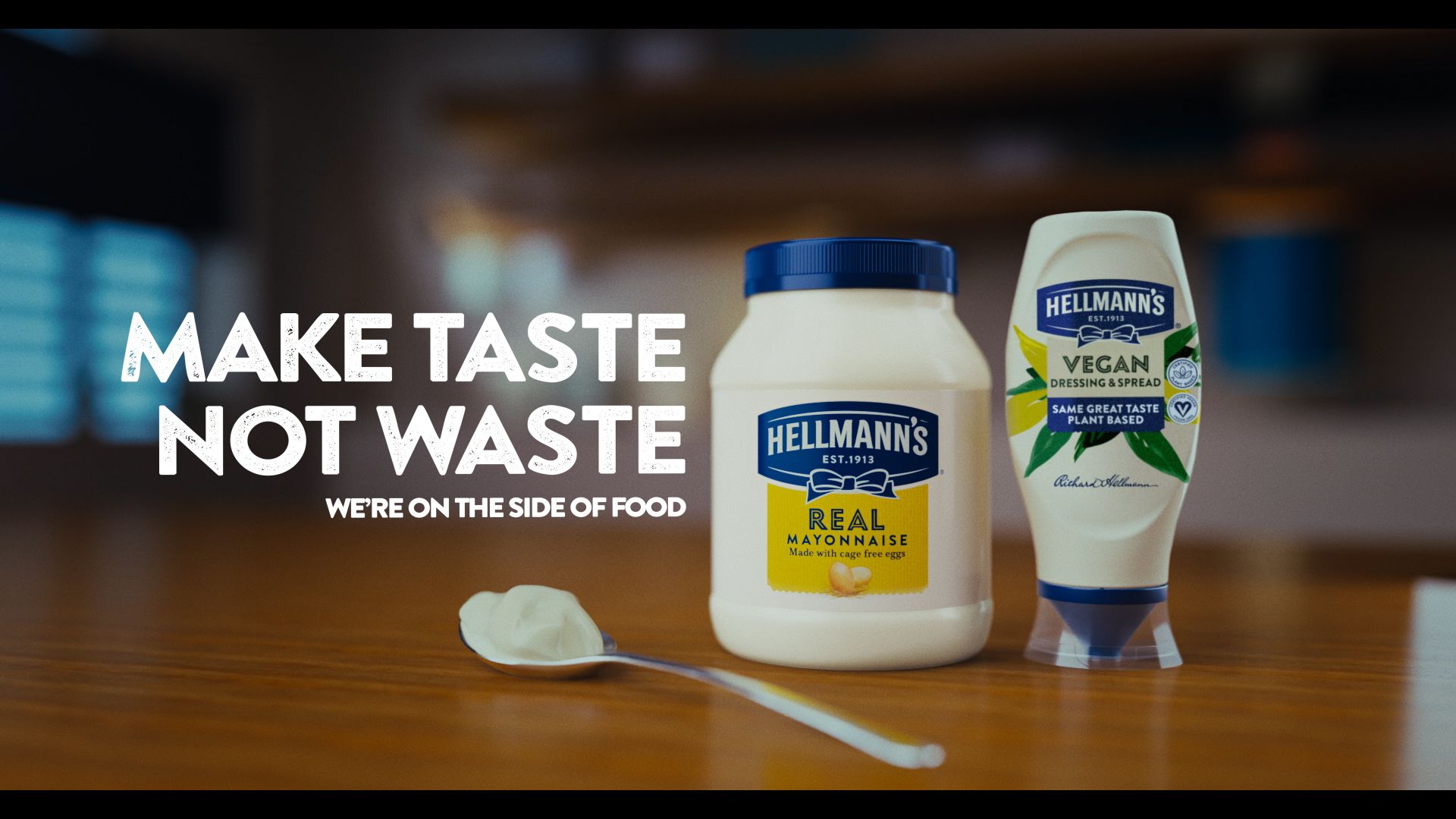 : A jar of Hellmann’s mayonnaise and a squeezy bottle of Hellmann’s Vegan Dressing & Spread. Text reads: Make taste not waste. We’re on the side of food.
