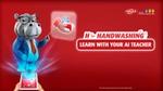 A marketing campaign image from Lifebuoy to promote its AI-Teacher Hippo app. A hippo wearing a tie points at a diagram. Text reads: H for Handwashing, learn with your AI teacher