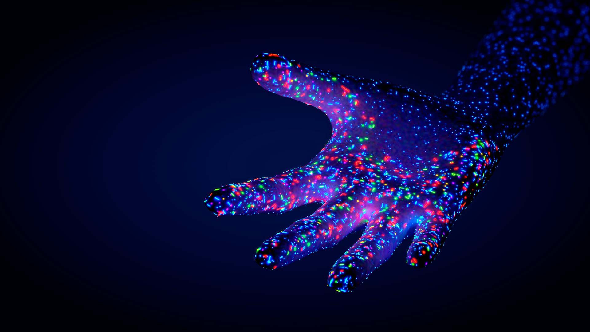 A hand reaches out on a dark blue background. It is covered in small coloured lights