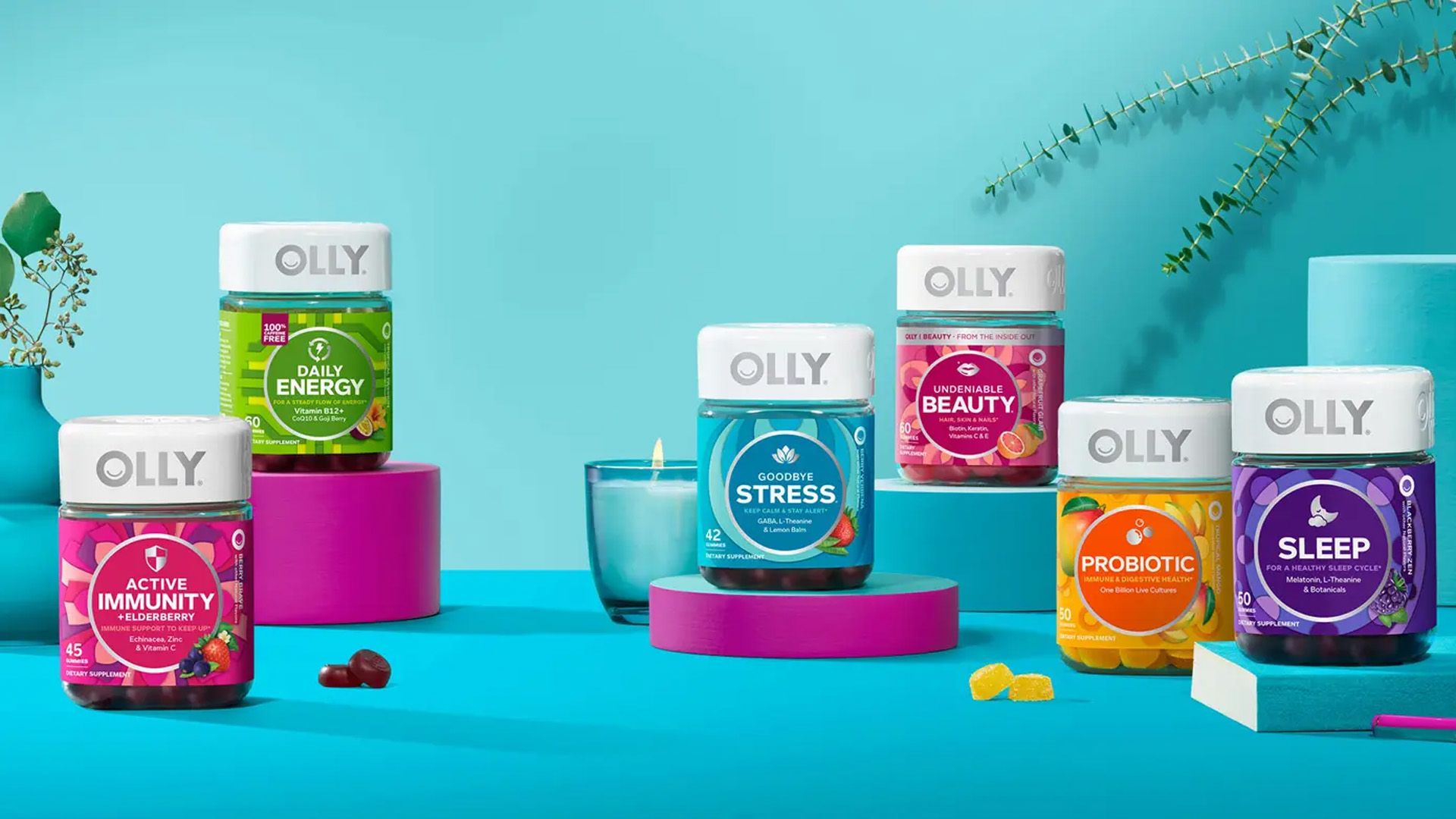 Six jars of various OLLY products. Olly makes vitamins and supplements that deliver what it terms ‘real deal’ benefits.