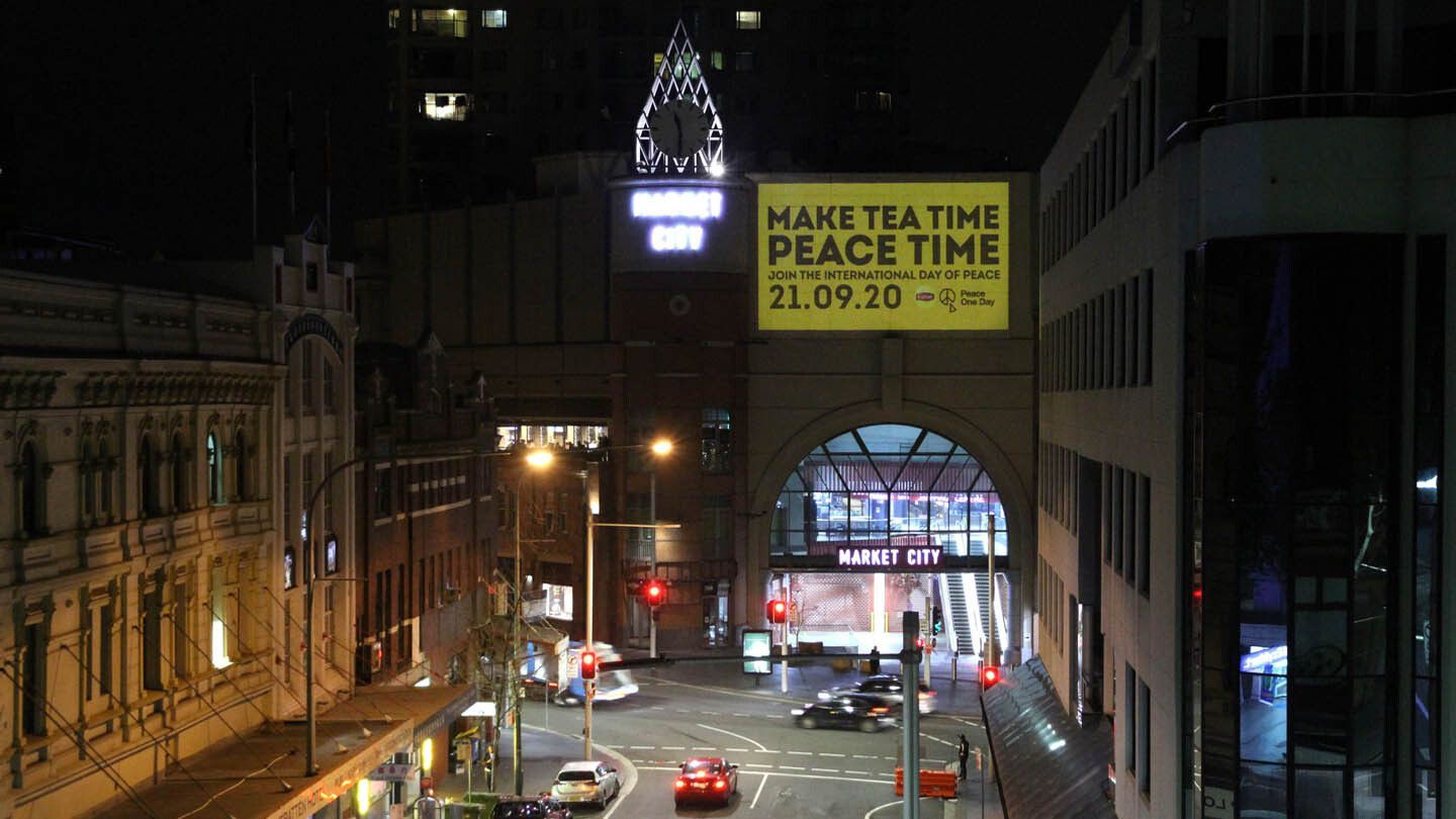 Lipton beamed the message 'Make Tea Time Peace Time' onto the clock tower at Paddy's Market in Sydney, Australia.