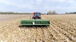 Red and green tractor driving through in a field of corn
